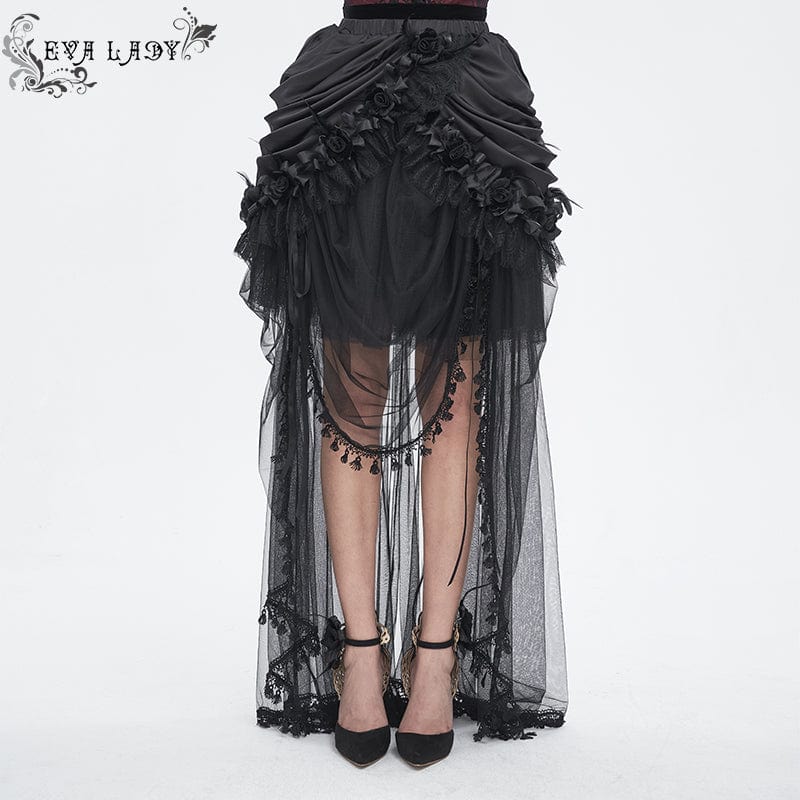 EVA LADY Women's Gothic Drawstring Rose Mesh Splice Skirt
