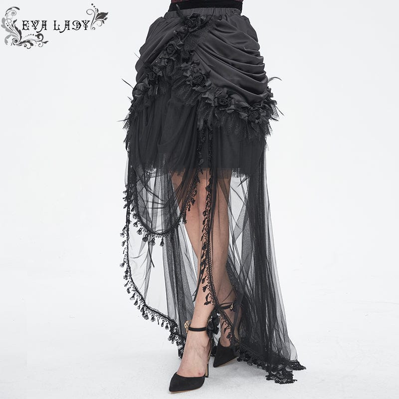 EVA LADY Women's Gothic Drawstring Rose Mesh Splice Skirt