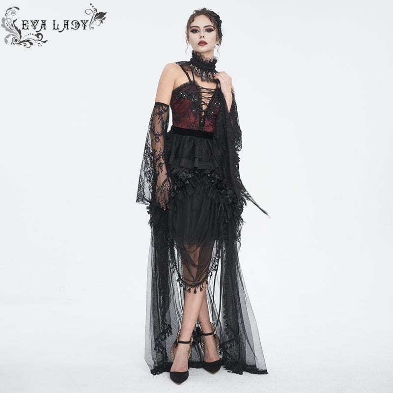 EVA LADY Women's Gothic Drawstring Rose Mesh Splice Skirt