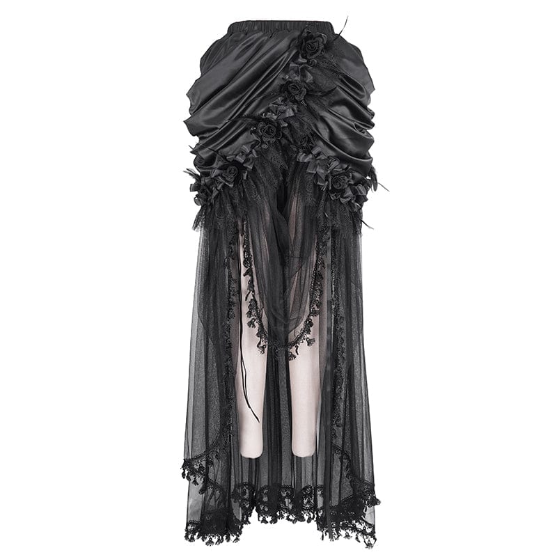 EVA LADY Women's Gothic Drawstring Rose Mesh Splice Skirt