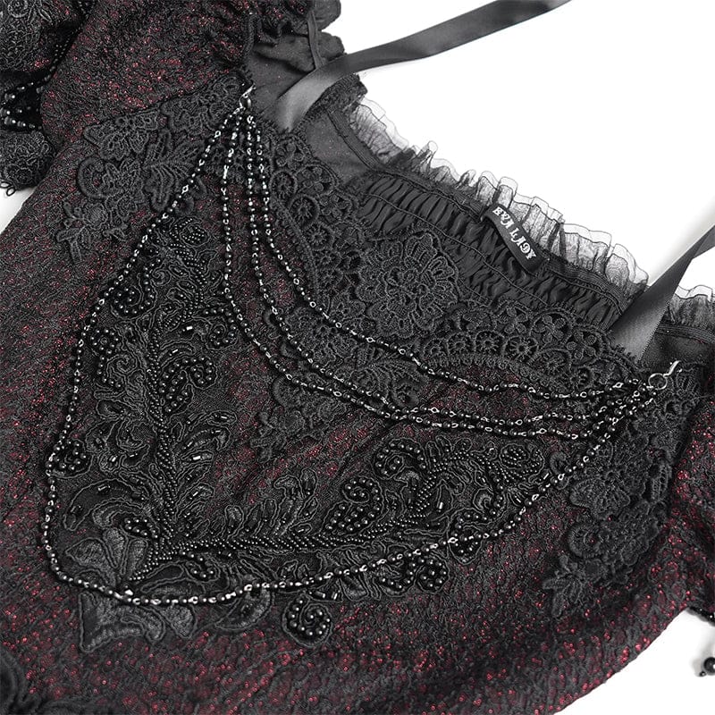 EVA LADY Women's Gothic Embroidered Chained Off Shoulder Shirt Black