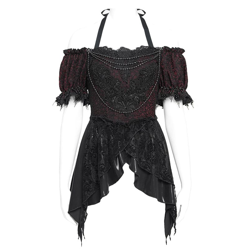 EVA LADY Women's Gothic Embroidered Chained Off Shoulder Shirt Black
