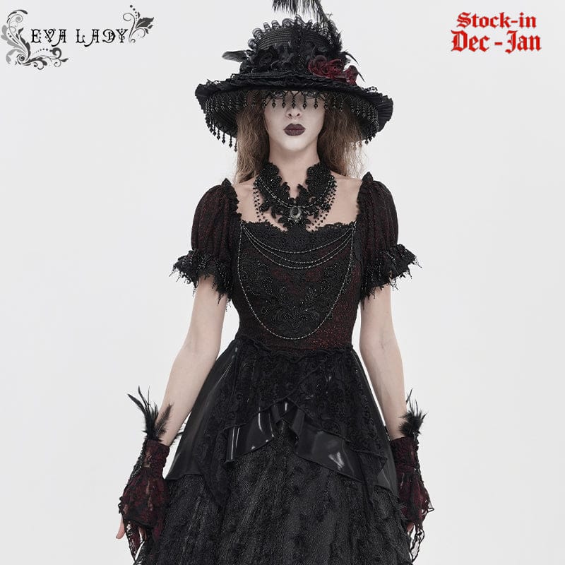 EVA LADY Women's Gothic Embroidered Chained Off Shoulder Shirt Black