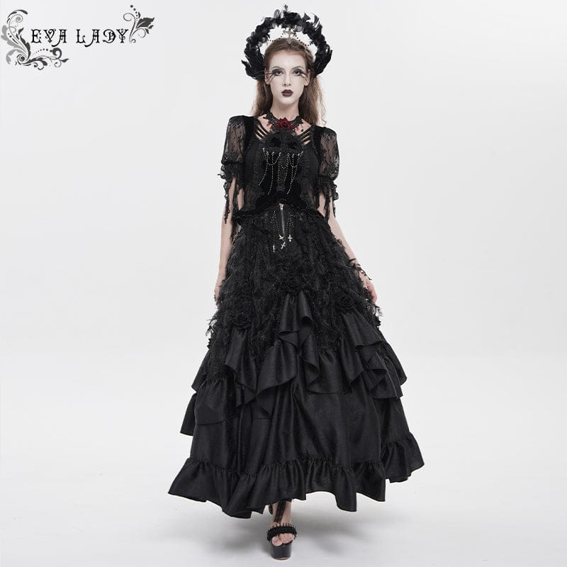 EVA LADY Women's Gothic Embroidered Cross Chained Lace Top Black