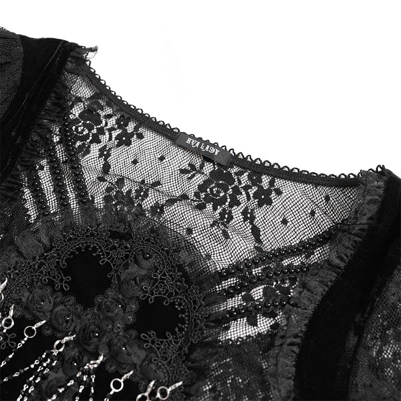 EVA LADY Women's Gothic Embroidered Cross Chained Lace Top Black