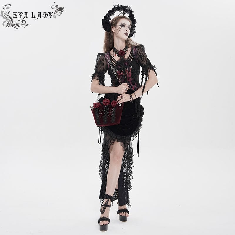 EVA LADY Women's Gothic Embroidered Cross Chained Lace Top Black-Red