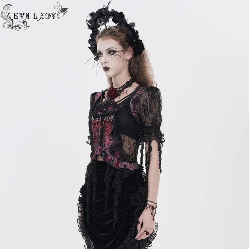 EVA LADY Women's Gothic Embroidered Cross Chained Lace Top Black-Red