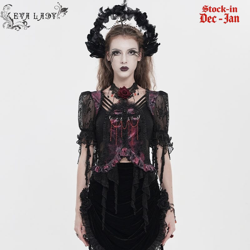 EVA LADY Women's Gothic Embroidered Cross Chained Lace Top Black-Red