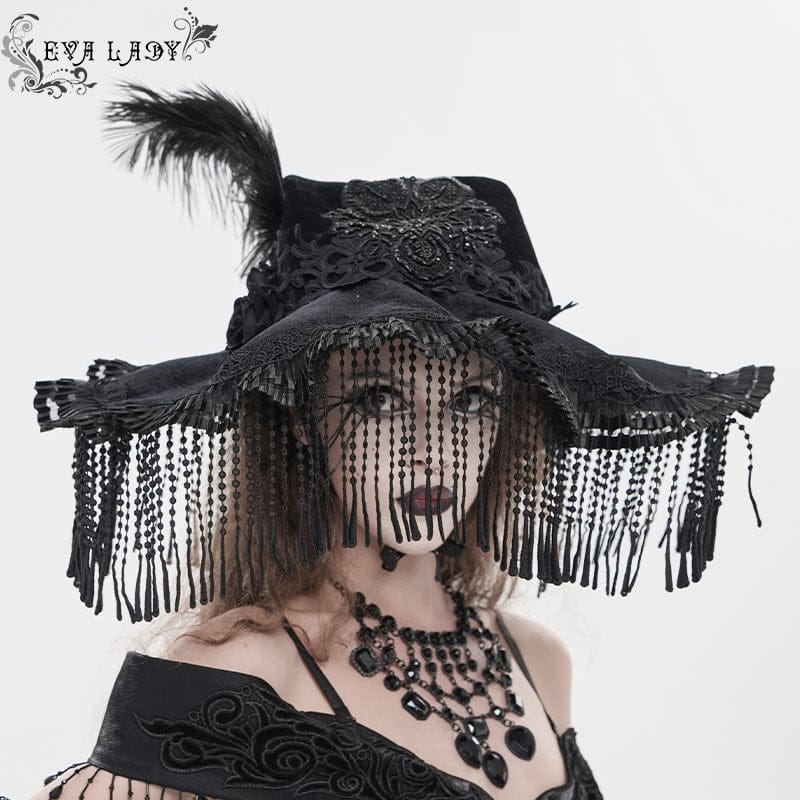 EVA LADY Women's Gothic Embroidered Feather Tassels Witch Hat