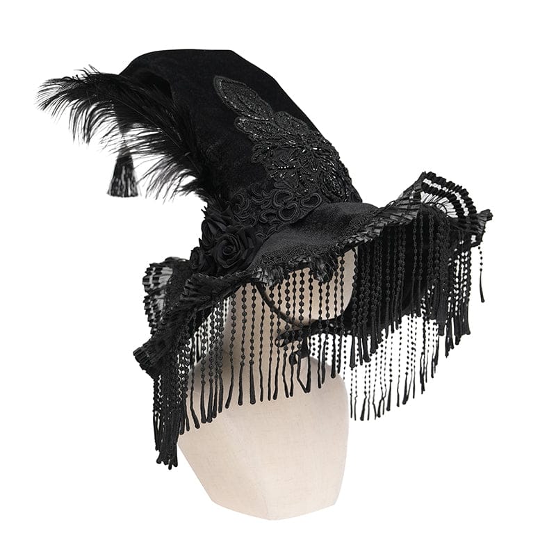 EVA LADY Women's Gothic Embroidered Feather Tassels Witch Hat