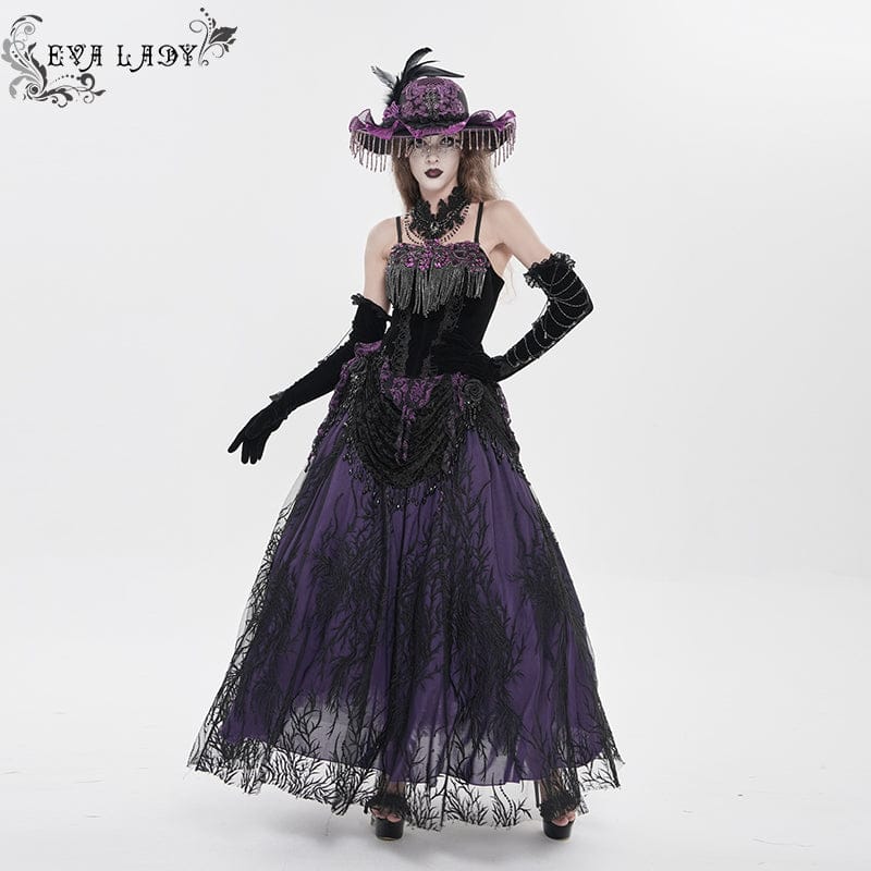 EVA LADY Women's Gothic Embroidered Tassels Lace-up Overbust Corset Black-Purple