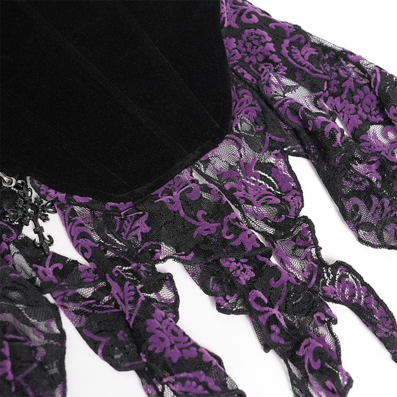 EVA LADY Women's Gothic Embroidered Tassels Lace-up Overbust Corset Black-Purple