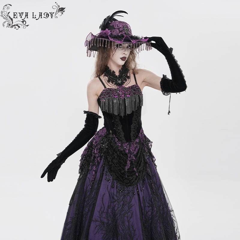 EVA LADY Women's Gothic Embroidered Tassels Lace-up Overbust Corset Black-Purple