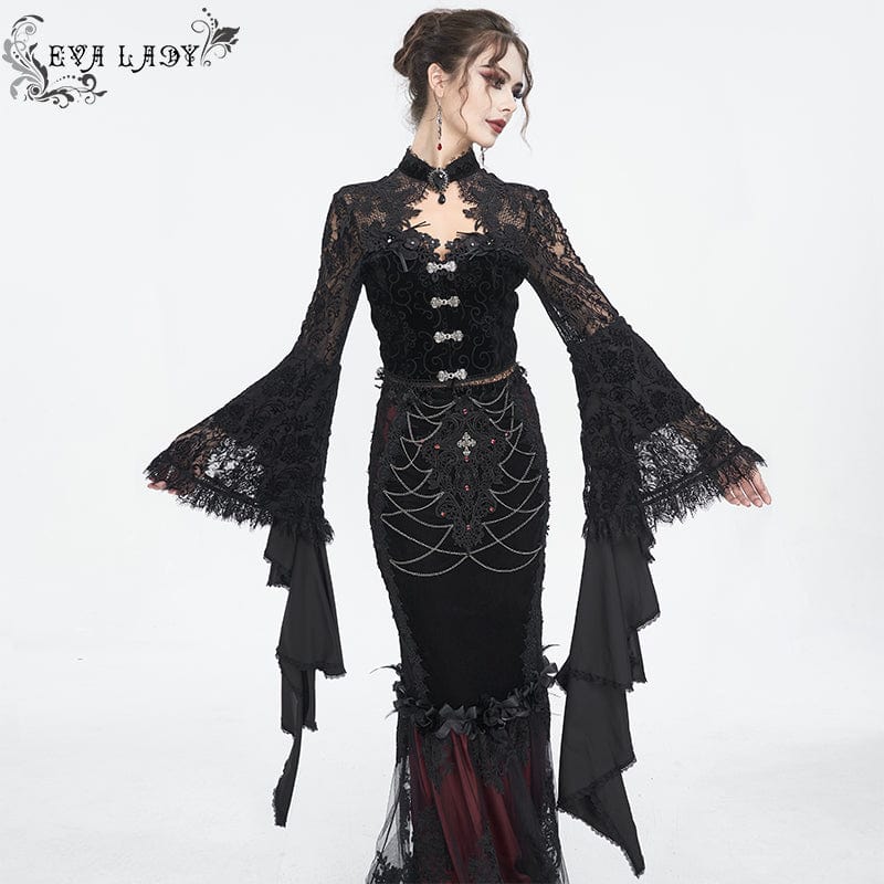 EVA LADY Women's Gothic Flared Sleeved Lace Splice Shirt