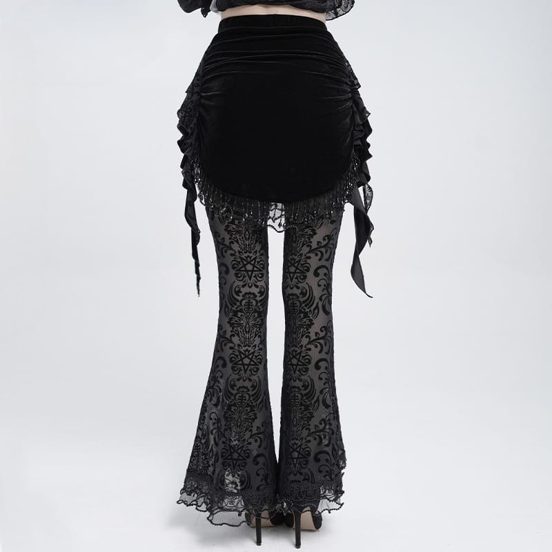 EVA LADY Women's Gothic Floral Beaded Fringe Velvet Skirt with Streamer