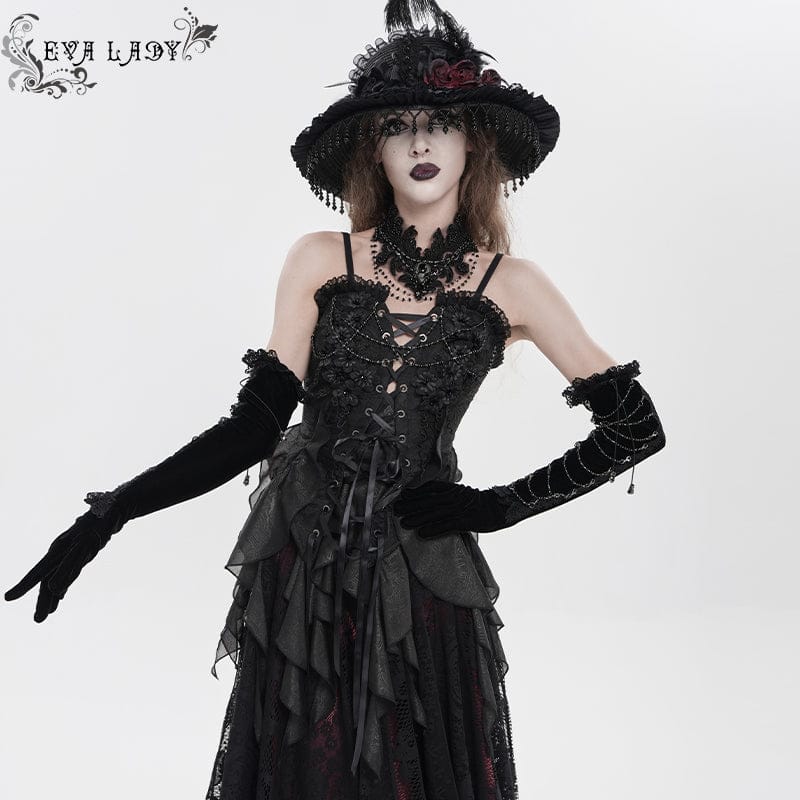 EVA LADY Women's Gothic Floral Beaded Ruffled Streamer Overbust Corset