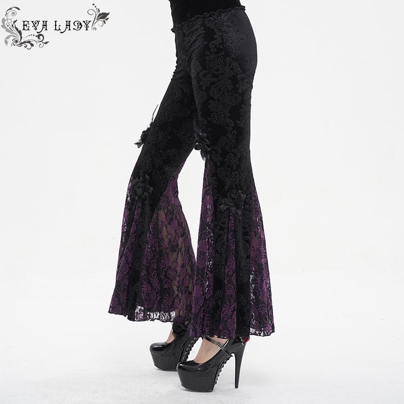 EVA LADY Women's Gothic Floral Embossed Lace Splice Flared Leggings