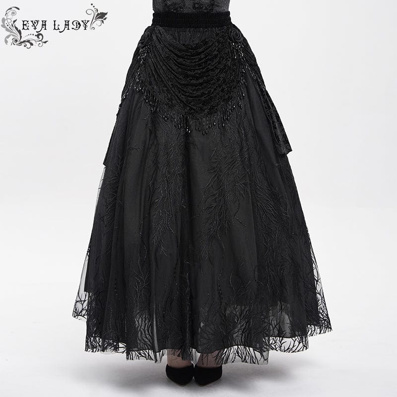 EVA LADY Women's Gothic Floral Embroidered Beaded Long Skirt Black