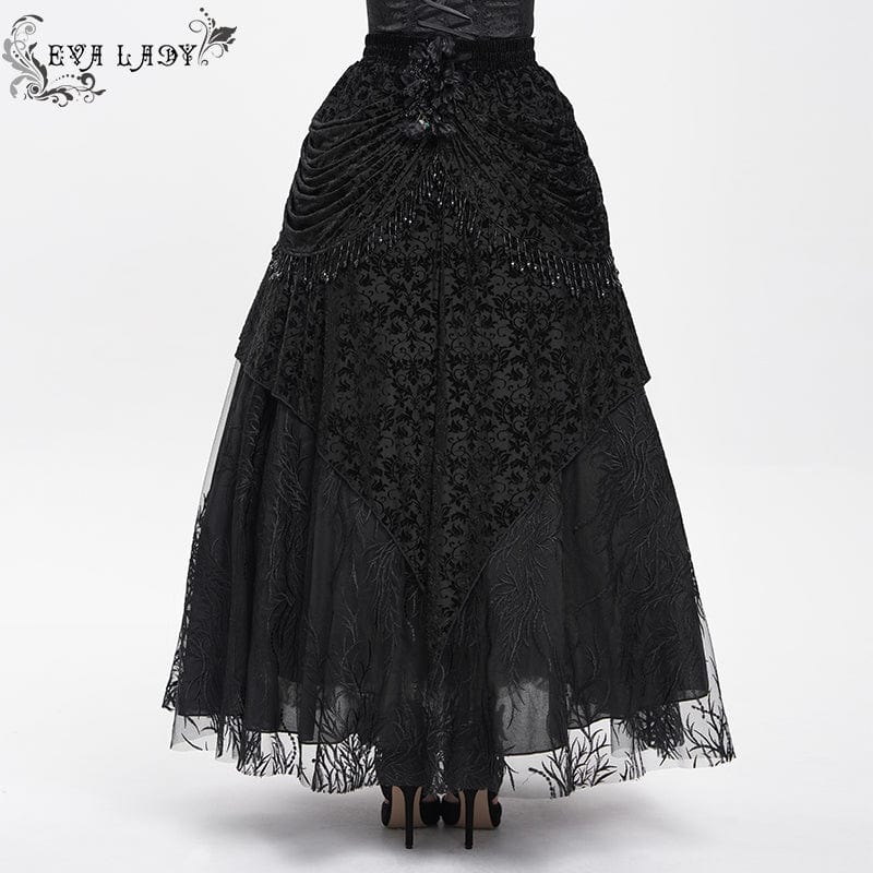 EVA LADY Women's Gothic Floral Embroidered Beaded Long Skirt Black