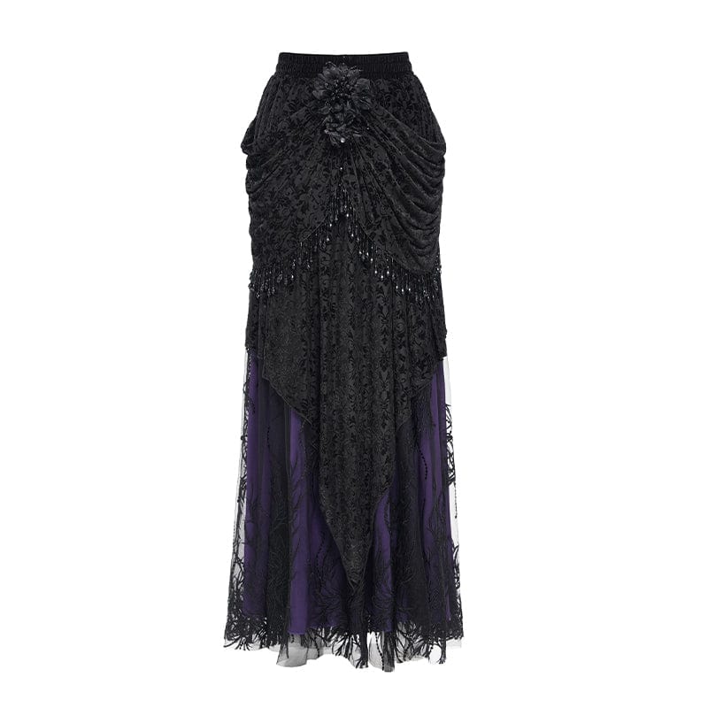 EVA LADY Women's Gothic Floral Embroidered Beaded Long Skirt Purple