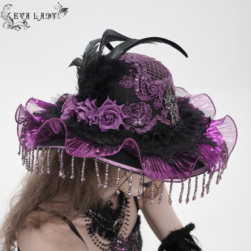 EVA LADY Women's Gothic Floral Embroidered Feather Tassels Hat