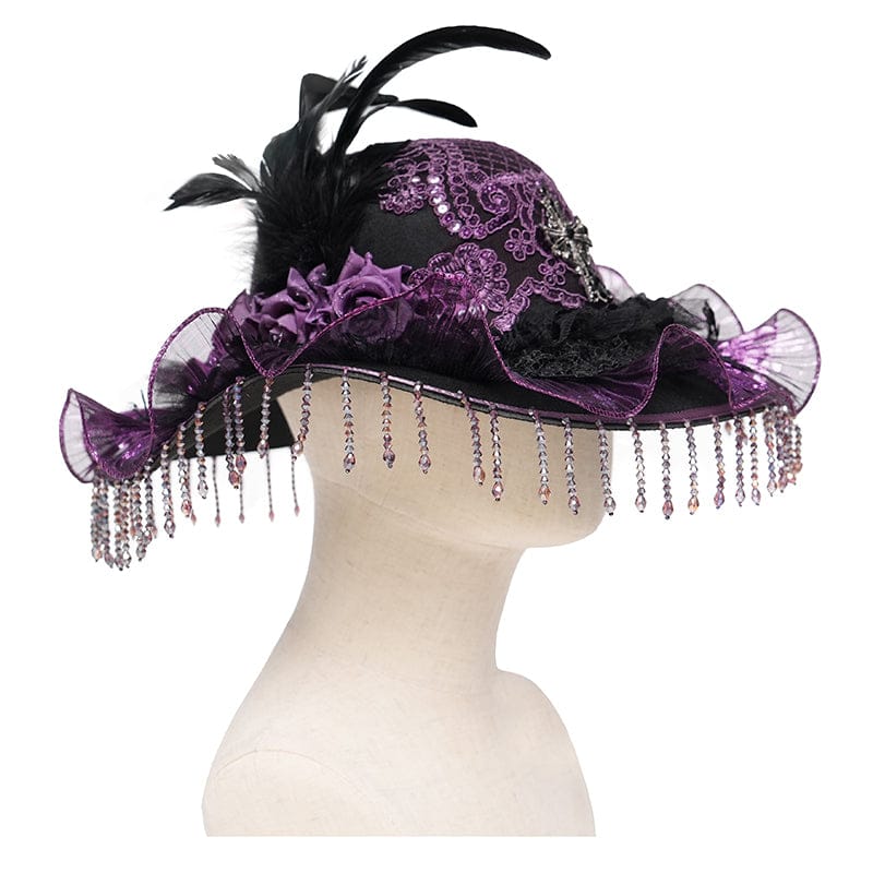 EVA LADY Women's Gothic Floral Embroidered Feather Tassels Hat