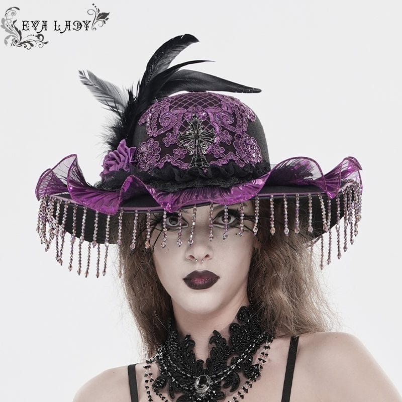 EVA LADY Women's Gothic Floral Embroidered Feather Tassels Hat