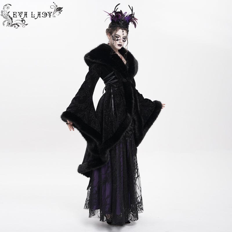 EVA LADY Women's Gothic Floral Embroidered Fluffy Coat Black
