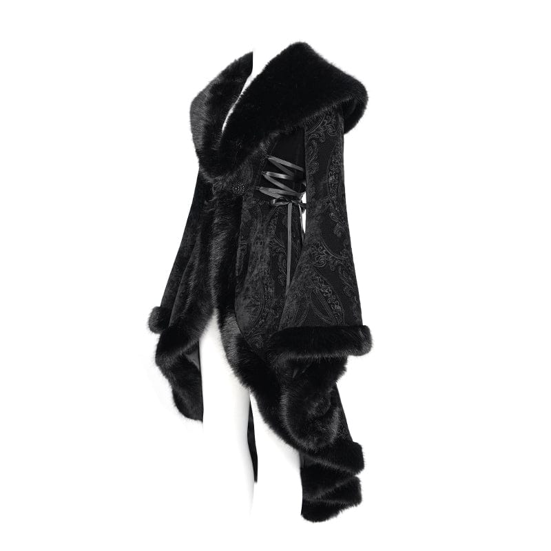 EVA LADY Women's Gothic Floral Embroidered Fluffy Coat Black