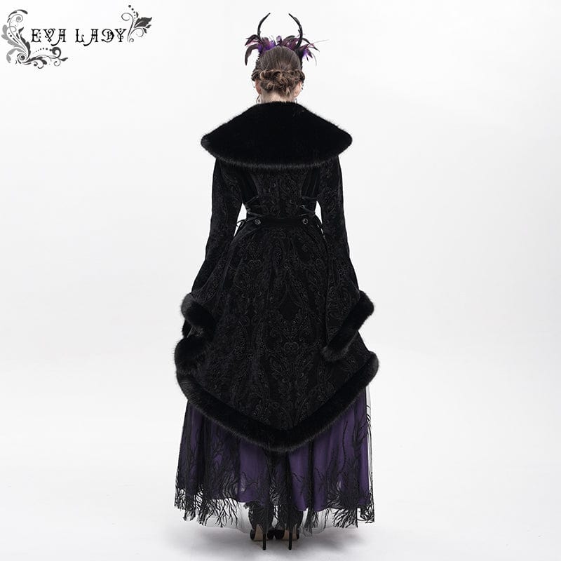 EVA LADY Women's Gothic Floral Embroidered Fluffy Coat Black
