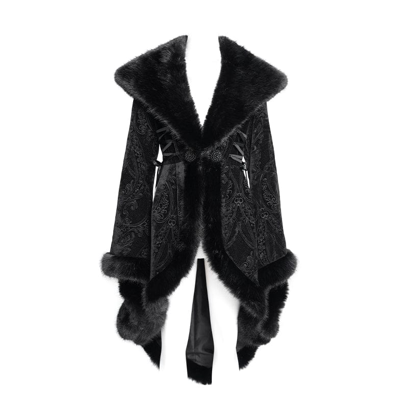 EVA LADY Women's Gothic Floral Embroidered Fluffy Coat Black