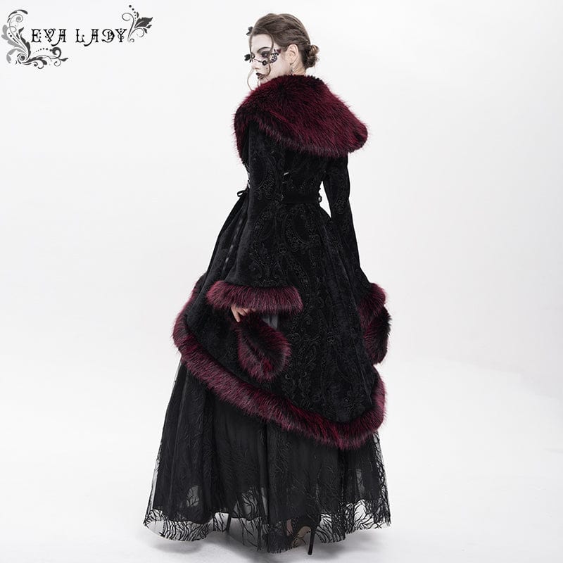 EVA LADY Women's Gothic Floral Embroidered Fluffy Coat Red