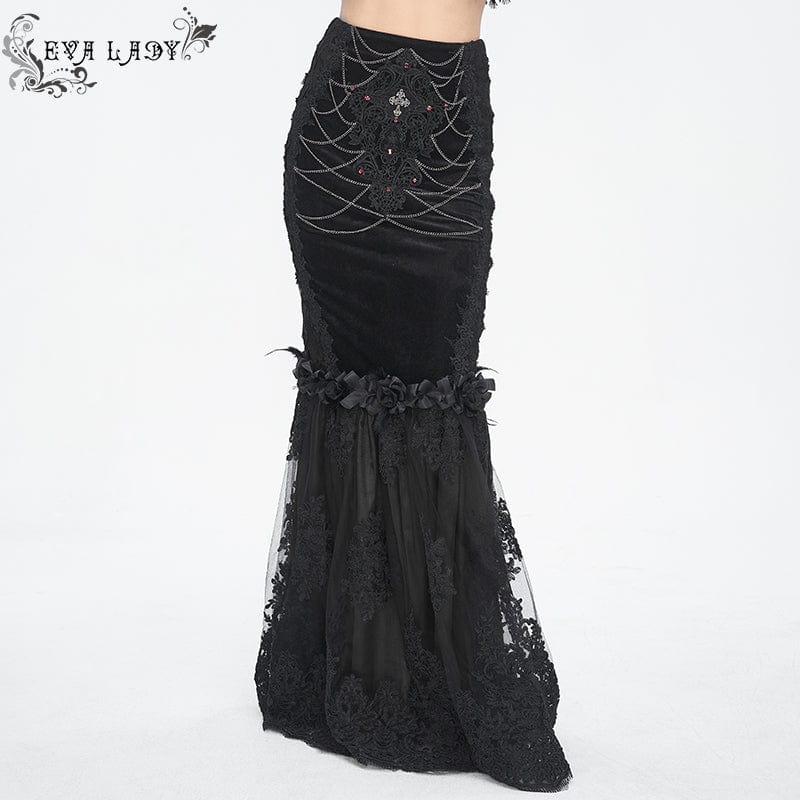 EVA LADY Women's Gothic Floral Embroidered Lace Splice Black Fishtail Skirt