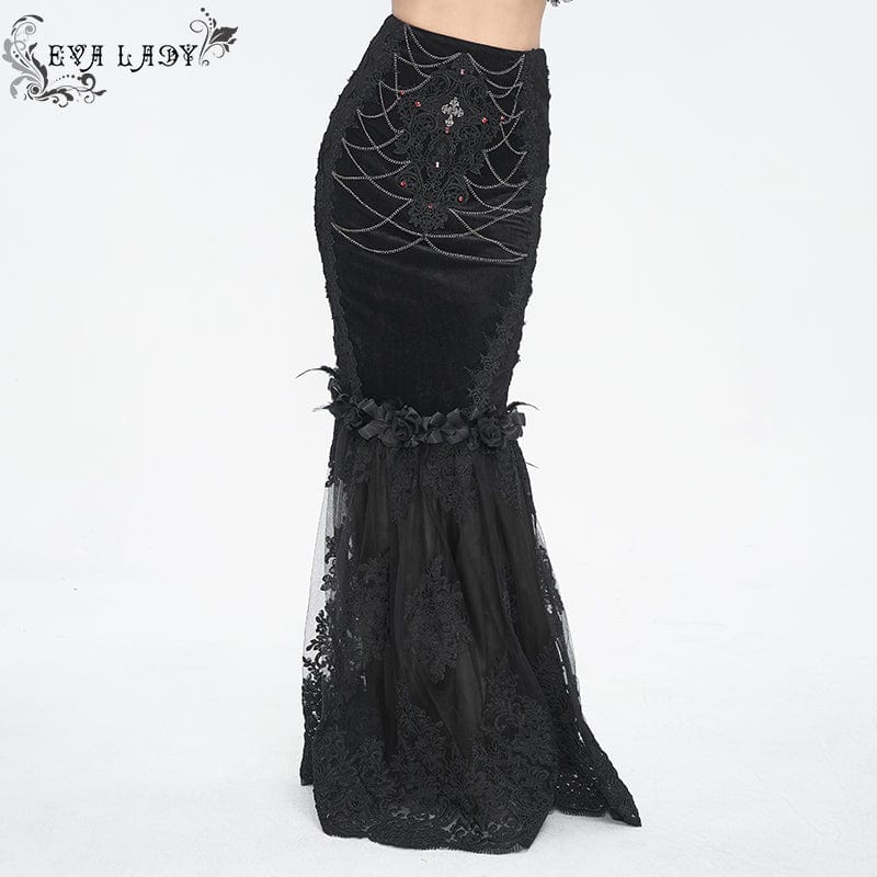 EVA LADY Women's Gothic Floral Embroidered Lace Splice Black Fishtail Skirt