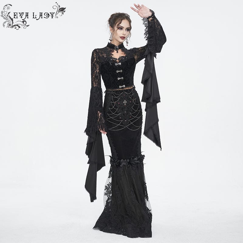 EVA LADY Women's Gothic Floral Embroidered Lace Splice Black Fishtail Skirt