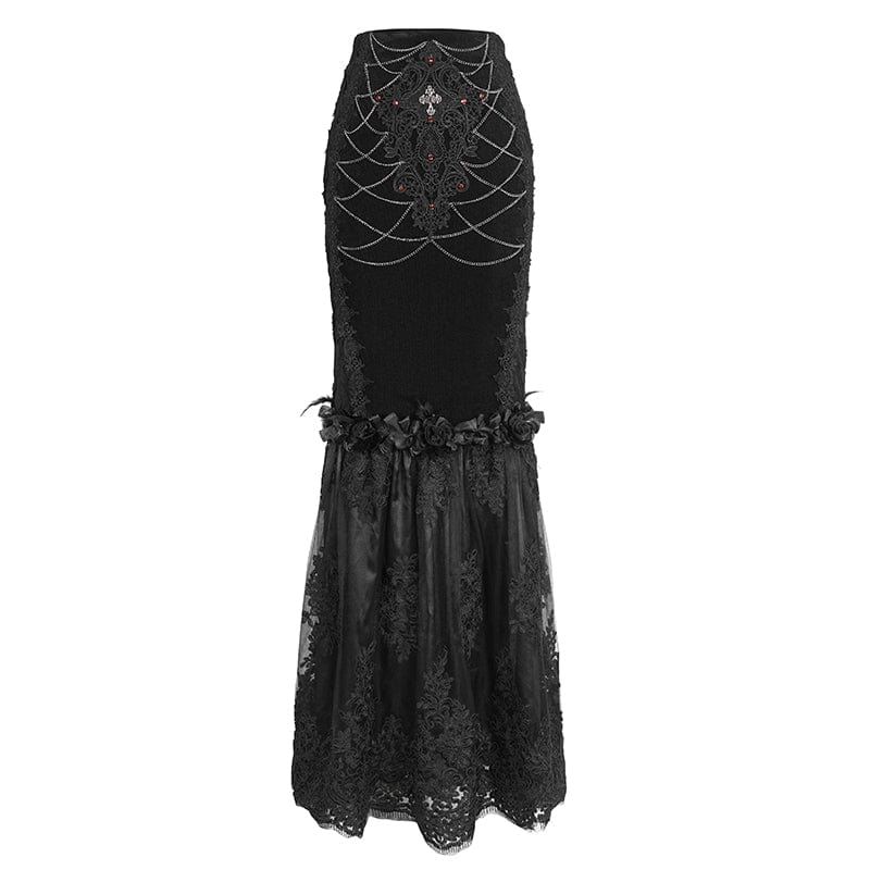 EVA LADY Women's Gothic Floral Embroidered Lace Splice Black Fishtail Skirt