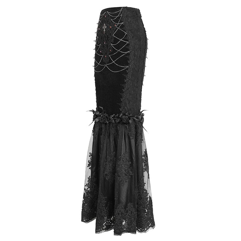 EVA LADY Women's Gothic Floral Embroidered Lace Splice Black Fishtail Skirt