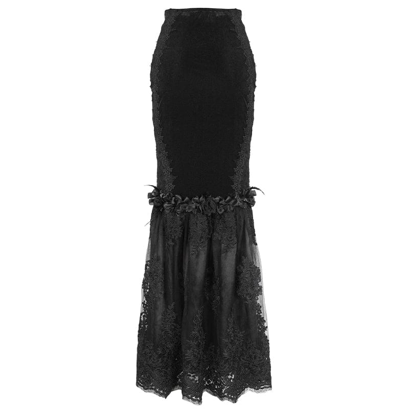 EVA LADY Women's Gothic Floral Embroidered Lace Splice Black Fishtail Skirt