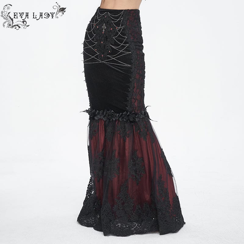 EVA LADY Women's Gothic Floral Embroidered Lace Splice Red Fishtail Skirt