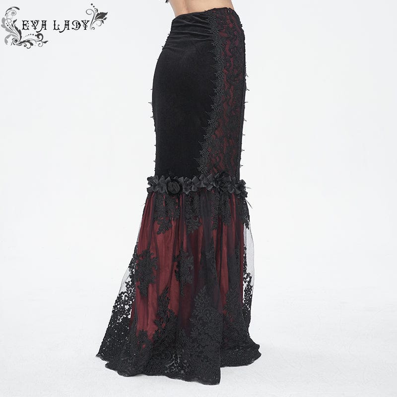 EVA LADY Women's Gothic Floral Embroidered Lace Splice Red Fishtail Skirt