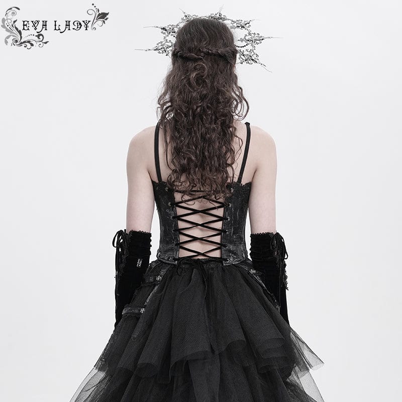 EVA LADY Women's Gothic Floral Embroidered Lace Straps Tank Top Black