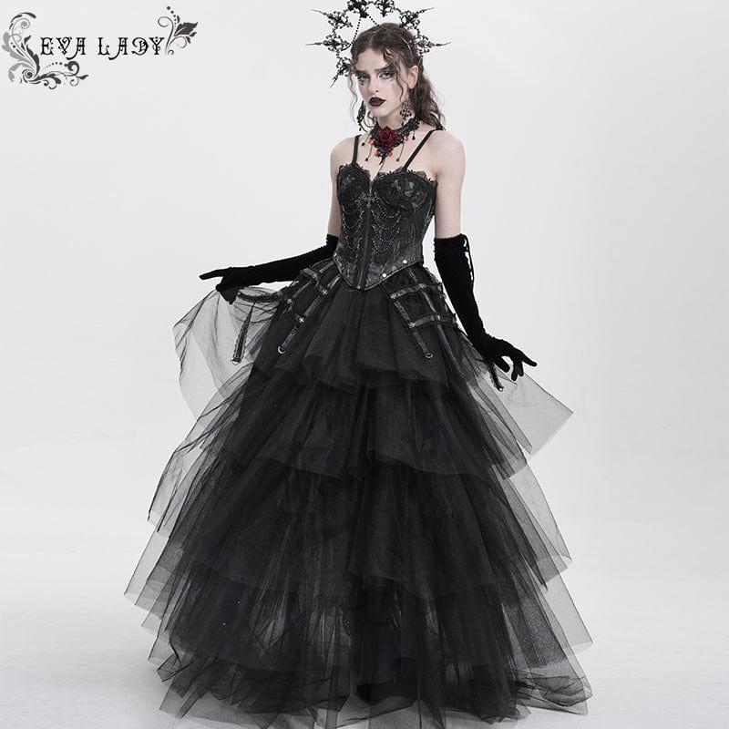 EVA LADY Women's Gothic Floral Embroidered Lace Straps Tank Top Black