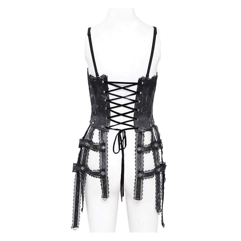 EVA LADY Women's Gothic Floral Embroidered Lace Straps Tank Top Black