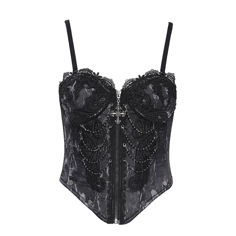EVA LADY Women's Gothic Floral Embroidered Lace Straps Tank Top Black