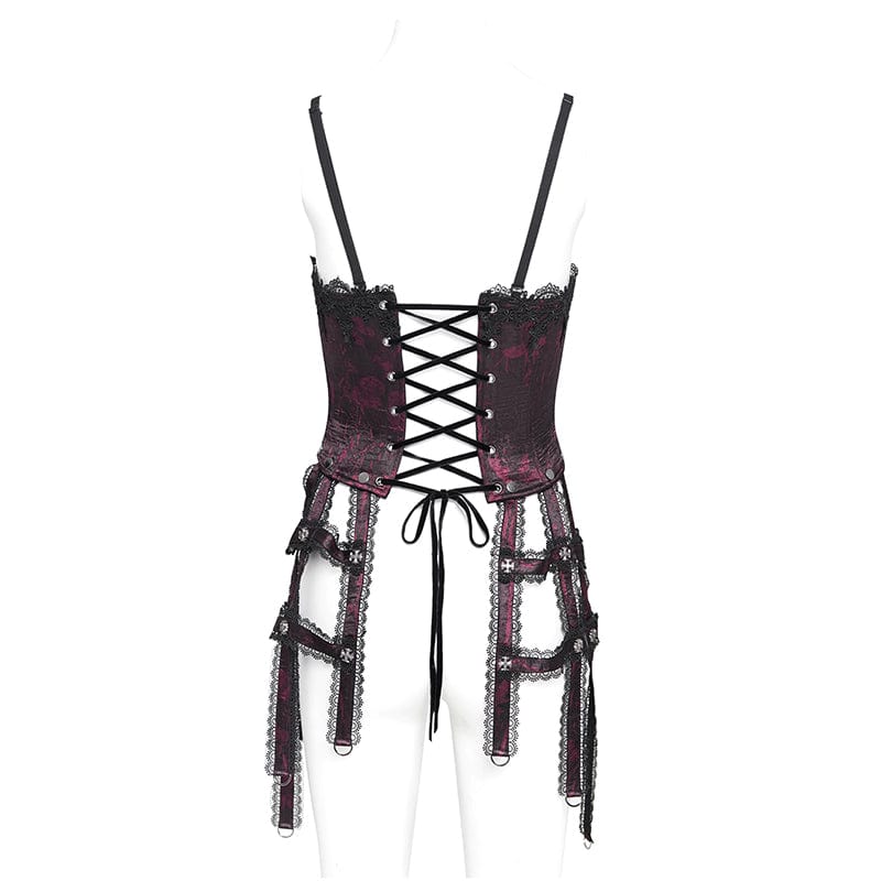 EVA LADY Women's Gothic Floral Embroidered Lace Straps Tank Top Red