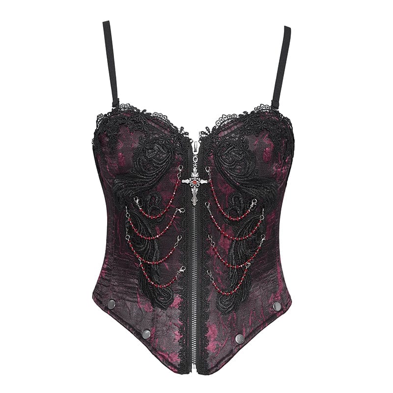 EVA LADY Women's Gothic Floral Embroidered Lace Straps Tank Top Red