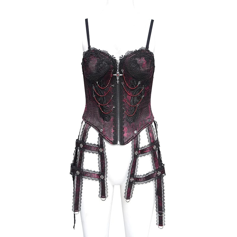 EVA LADY Women's Gothic Floral Embroidered Lace Straps Tank Top Red