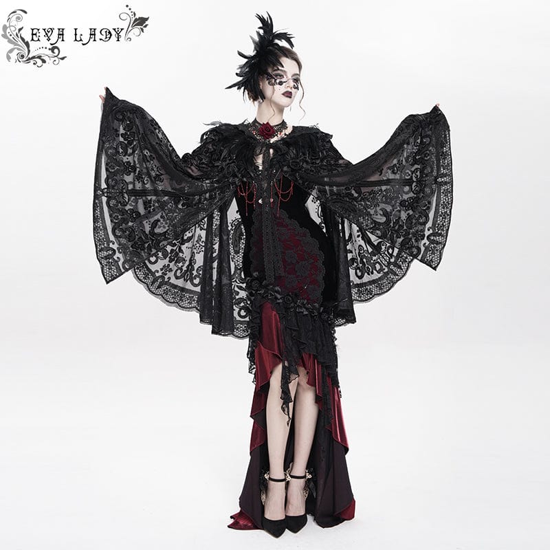 EVA LADY Women's Gothic Floral Embroidered Plumed Cloak