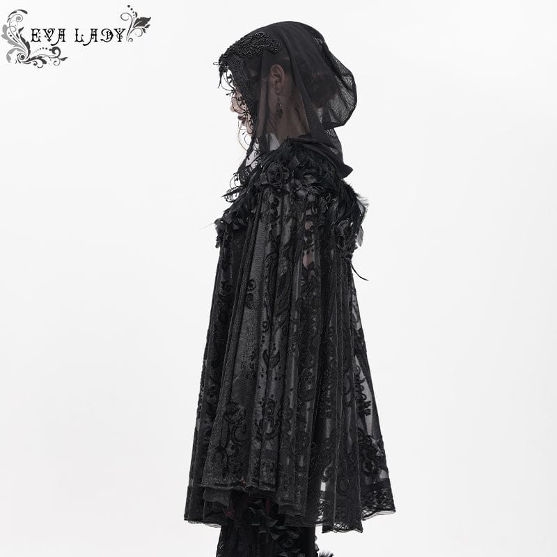EVA LADY Women's Gothic Floral Embroidered Plumed Cloak
