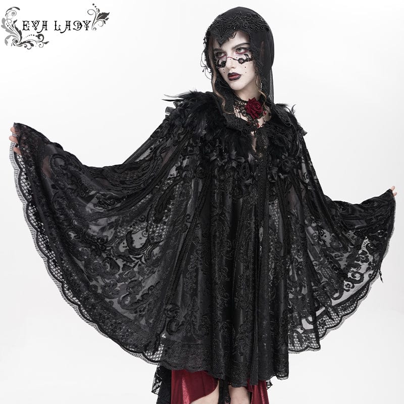 EVA LADY Women's Gothic Floral Embroidered Plumed Cloak